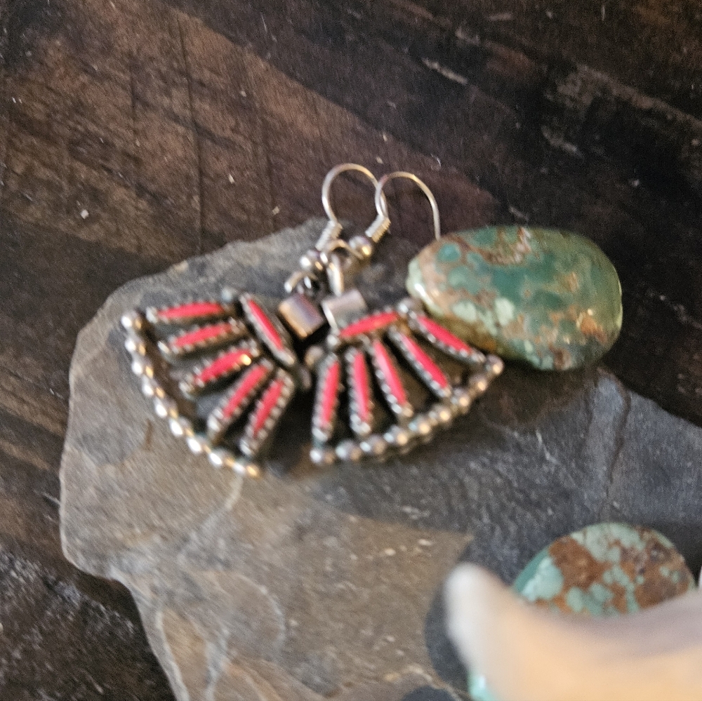 Reserved. ..Vintage Zuni Reversible Coral/Turquoise Earrings - Picture 2 of 10